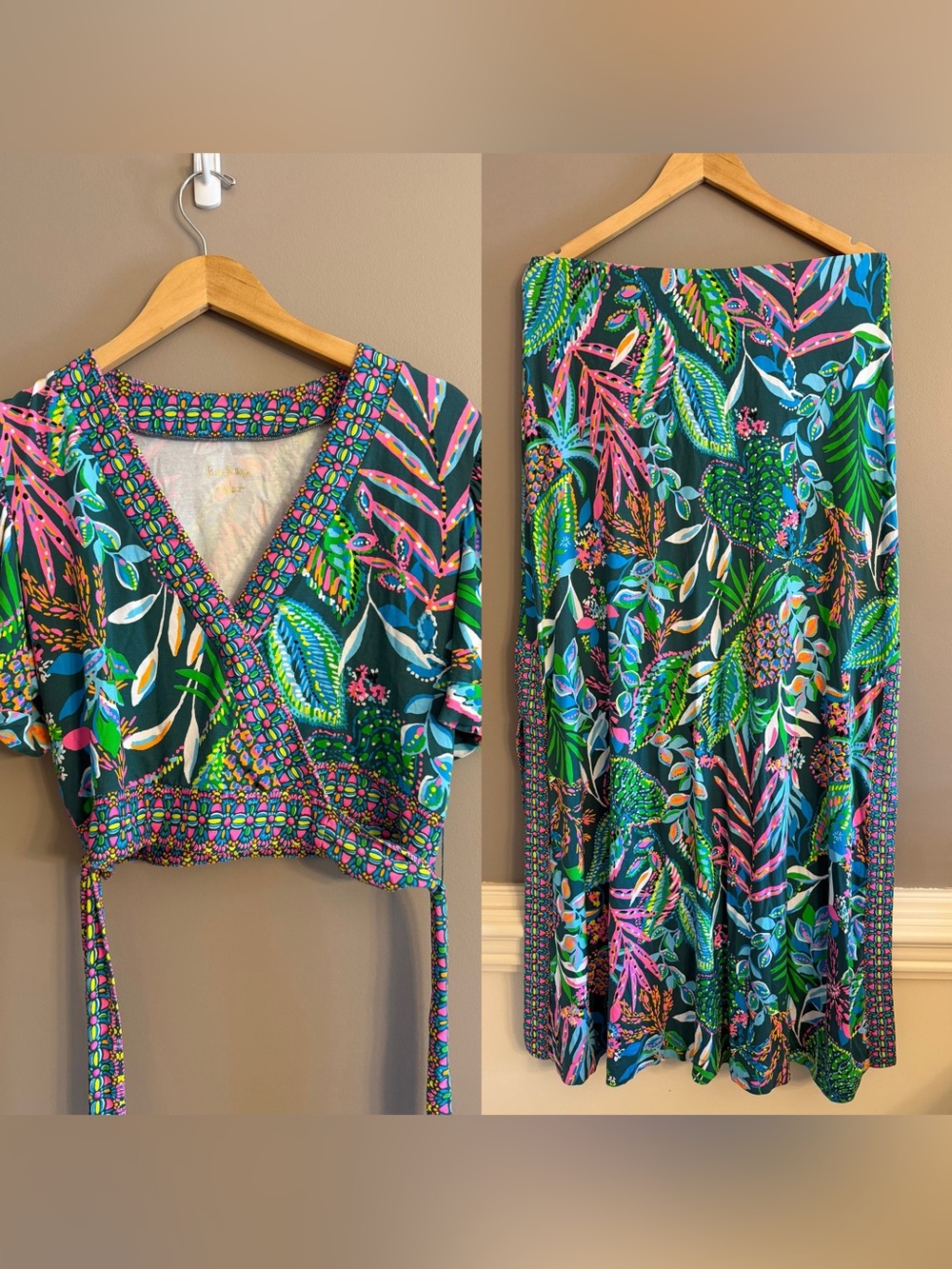 Lilly Pulitzer Sailynn Maxi Set Crop Top Skirt Sunshine JUNGLE Green Large
